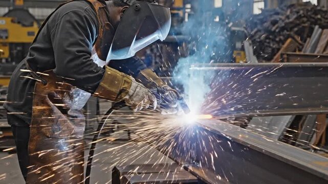 Welder at work, creating sparks and joining metal structures in a workshop.