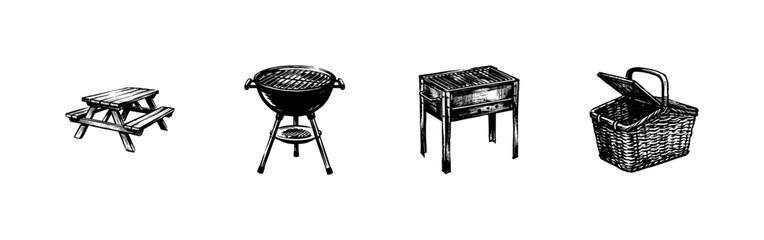 Obraz premium Outdoor Picnic and Summer Barbecue Equipment with Hand-Drawn Inky Doodle and Fluid Sketchy Aesthetic