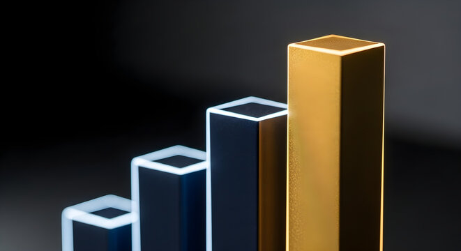 Golden bar graph column soaring above, symbolizing exceptional business growth, outstanding achievement, and market leadership in a competitive landscape