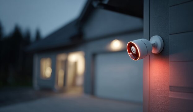 Smart home security camera mounted on the exterior wall of a modern house, providing surveillance and security monitoring in an residential neighborhood at dusk