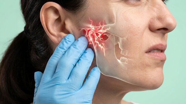 Woman experiences temporomandibular joint pain while a healthcare professional examines her jaw area with a highlighted graphic overlay showing the source of discomfort.