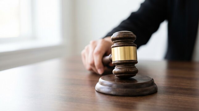 Hand placing a wooden gavel on its block, symbolizing law, justice, authority, and definitive decisions in legal or auction contexts