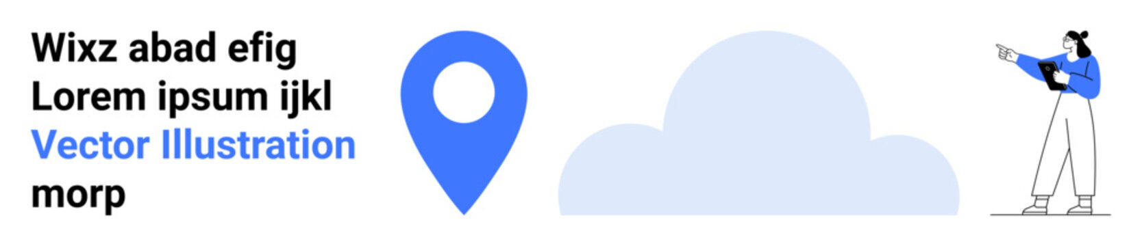 Blue map pin, abstract cloud, placeholder text, and person with tablet pointing forward. Ideal for navigation, location, cloud service, journey, education app UI and simple landing page