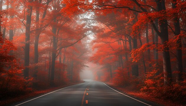 A road with trees and red leaves on it