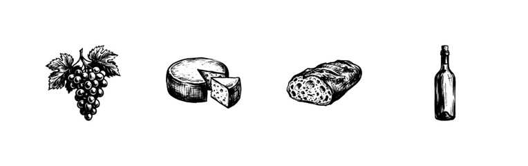 Naklejka premium Cheese and Wine Tasting Elements with Inky Hand-Drawn Doodle and Organic Sketchy Style