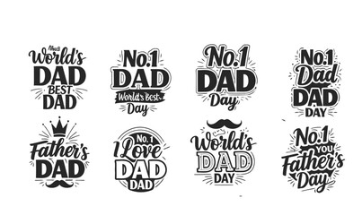 Obraz premium Father's day typographic art collection best dad inscriptions with crown and mustache vintage style designs for greeting cards and gifts set.