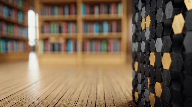 Modern interior design concept with a textured hexagonal wall and wooden bookshelf creating a sophisticated workspace or living area with depth and visual interest