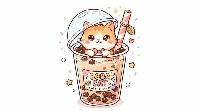Adorable cartoon orange tabby cat with big eyes peeking out from a whimsical boba tea cup filled with tapioca pearls and a pink straw.