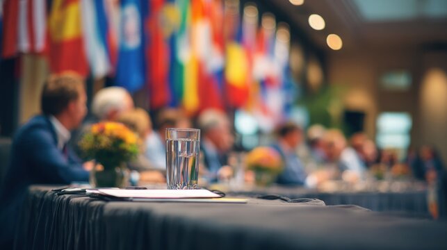 Speakers at an international conference, highlighting microphones, nameplates, and conference setup with flags in the background