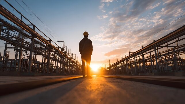 A solitary figure stands amidst the vast industrial infrastructure illuminated by the powerful glow of sunrise