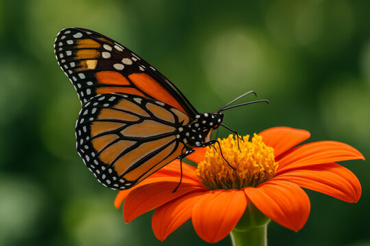 Vibrant monarch butterfly feeding on bright orange tithonia flower showing detailed wing pattern against green bokeh background