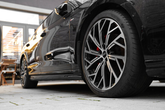Belgrade, Serbia - January 29, 2026: close-up perspective view of the supercar wheel AUDI quattro Wheel tire tyre Goodyear Perspective detailed view