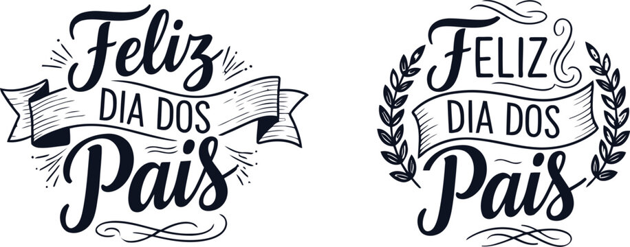 Feliz dia dos pais greeting design with ornate script typography, ribbons, and laurel wreaths isolated on transparent background.