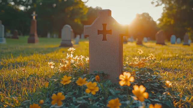 Old tombstone in a field, light through tree