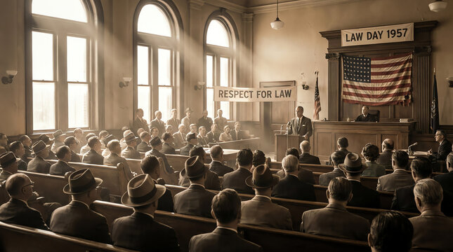 Law Day 1957 Courtroom Ceremony with Speaker and Audience Evoking Vintage Legal Tradition