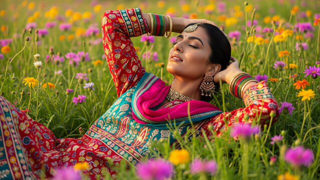 A beautiful Indian woman in traditional attire lies peacefully amidst a vibrant field of colorful wildflowers.
