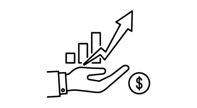 Hand holding coin with upward growth chart illustration isolated on transparent background, Vector