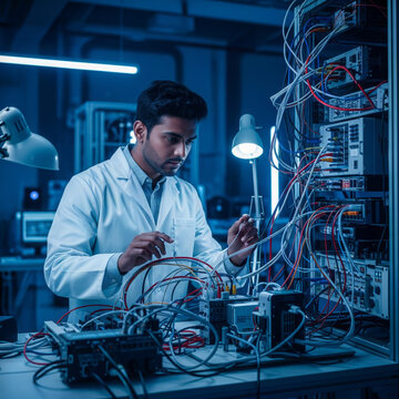 Focused male engineer in white lab coat working with complex electronic wiring equipment in blue-lit laboratory