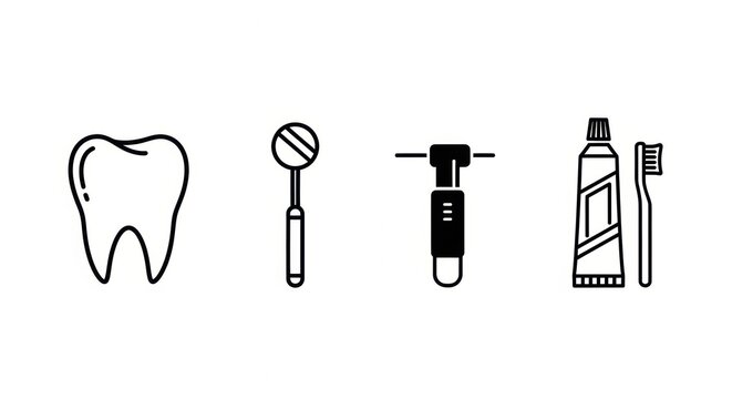 Set of four black and white icons representing dental hygiene and tools a tooth, a mirror, a drill, and a toothbrush with toothpaste