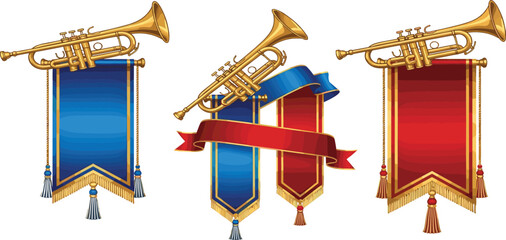 Vector Illustration of Trumpets with Colorful Banners in Blue, Red, and Gold for Commercial Use © MdNazmul