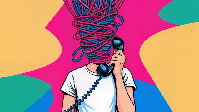 Surreal Illustration of a Man with a Head Made of Tangled Blue and Red Wires
