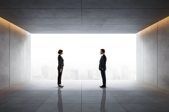 Two professionals exchange firm expressions in a modern office, symbolizing a crucial negotiation.