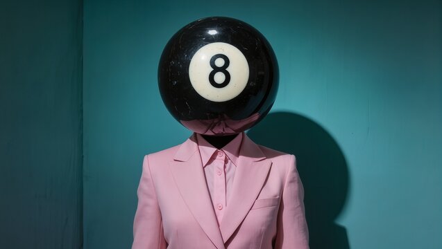 Surreal Portrait of a Person in a Pink Suit with a Billiard 8-Ball Instead of a Head
