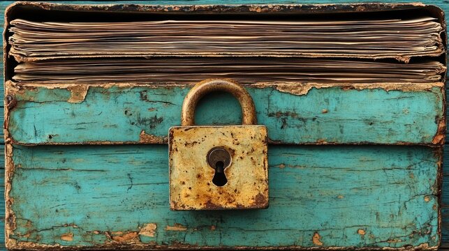 Old, worn box locked with a rusty padlock