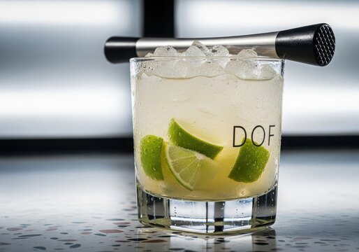 Caipirinha cocktail in a glass with lime wedges and a muddler