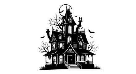 Naklejka premium Haunted Victorian Mansion at Night with Bats and Full Moon Halloween Illustration