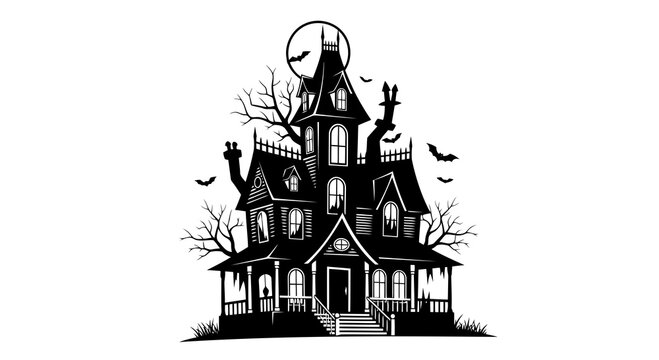 Haunted Victorian Mansion at Night with Bats and Full Moon Halloween Illustration