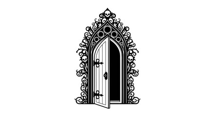 Fototapeta premium Gothic Halloween Door with Skulls and Ornate Ironwork Vector Illustration