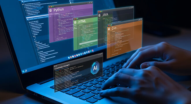 Developer coding with multiple programming language windows and AI overlay