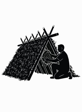 Man building wilderness survival shelter using branches and leaves natural outdoor construction for camping and emergency preparedness.