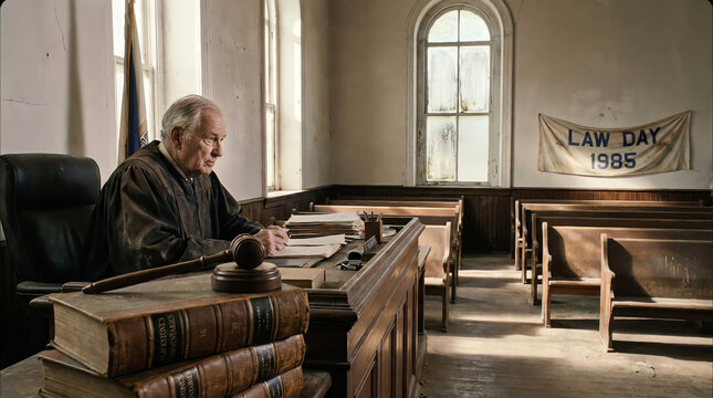 Law Day 1985 Event Depicting an Elderly Judge with Historical Law Books and Gavel