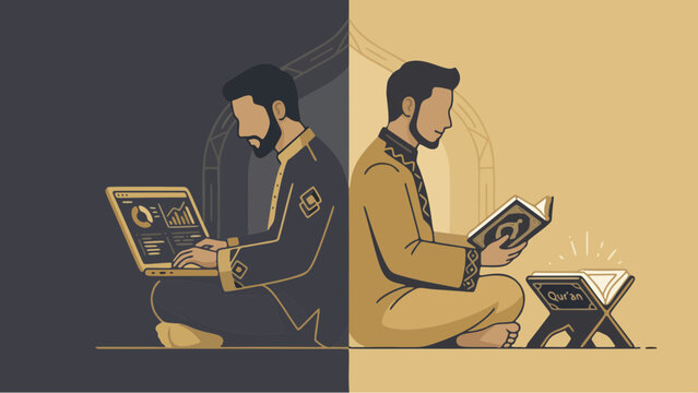 Illustration muslim man working laptop while praying.