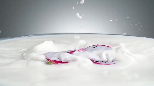 Dragon Fruit Splashing into Coconut Milk in Slow Motion with Vibrant Contrast