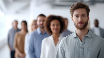 Fototapeta premium A professional man poses in the foreground against the blurred backdrop of a diverse team engaged in collabo n