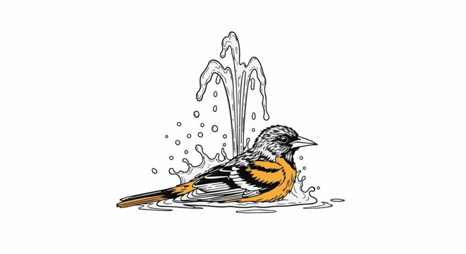 Bird bathing in a fountain with splash and water droplets