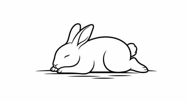 Black and white outline drawing of a sleeping rabbit resting on a surface