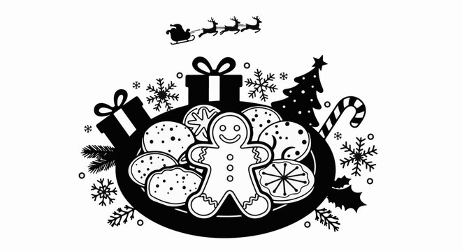 Black and white Christmas-themed illustration with gingerbread cookies, gifts, and festive symbols