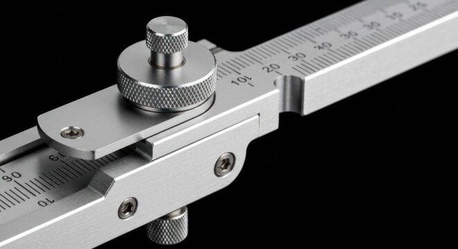 Close-up of a metal vernier caliper, precise measurement tool, used in engineering