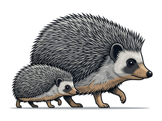 Cute Hedgehog Mother and Baby Illustration, Stylized Wildlife Vector Art, Parent and Child Animals Walking Together, Isolated on White Background