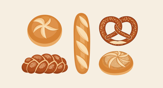 Assortment of baked goods, including a pretzel, baguette, and braided loaf