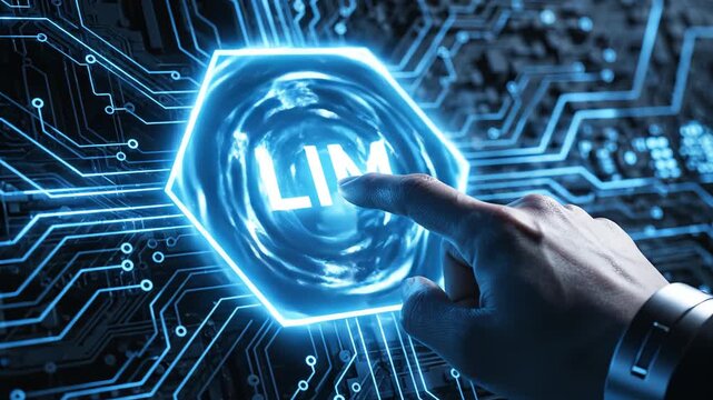 Hand touching hexagon with LIM text on circuit board for tech concepts, digital marketing, and futuristic projects