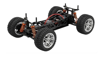 Fototapeta premium A remote control car chassis with orange suspension and black tires on transparent background