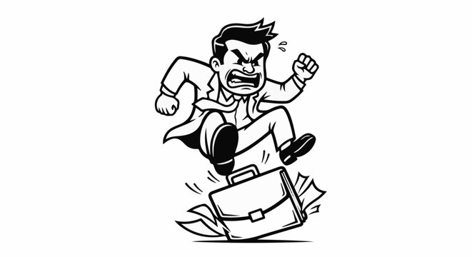 Angry businessman stomping on briefcase with papers flying