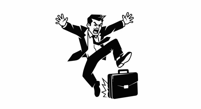 Angry businessman stomping on briefcase with rage and frustration
