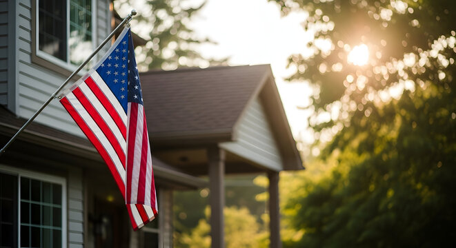Celebrating independence day a vibrant american flag waves proudly in front of a suburban home