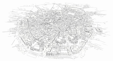 Obraz premium Aerial view sketch of a densely packed historic city with winding streets and spires